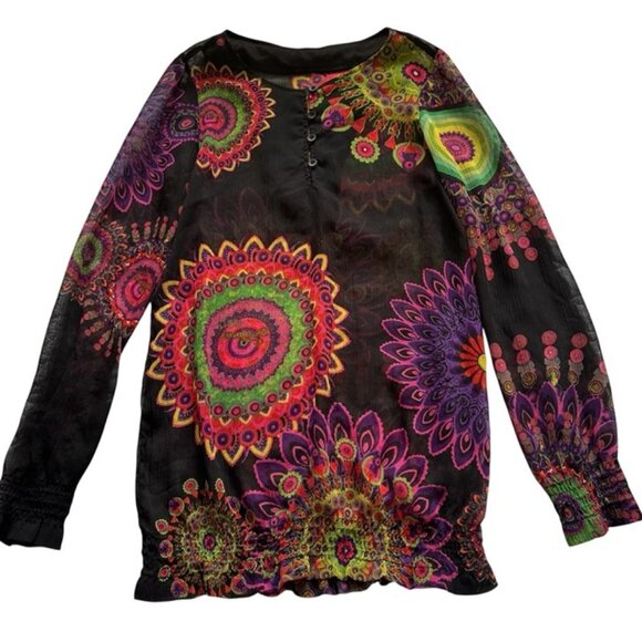 Desigual Black Vibrant Multicolor Sheer Long Sleeve Mandala Tunic Top Size Small - Picture 7 of 11